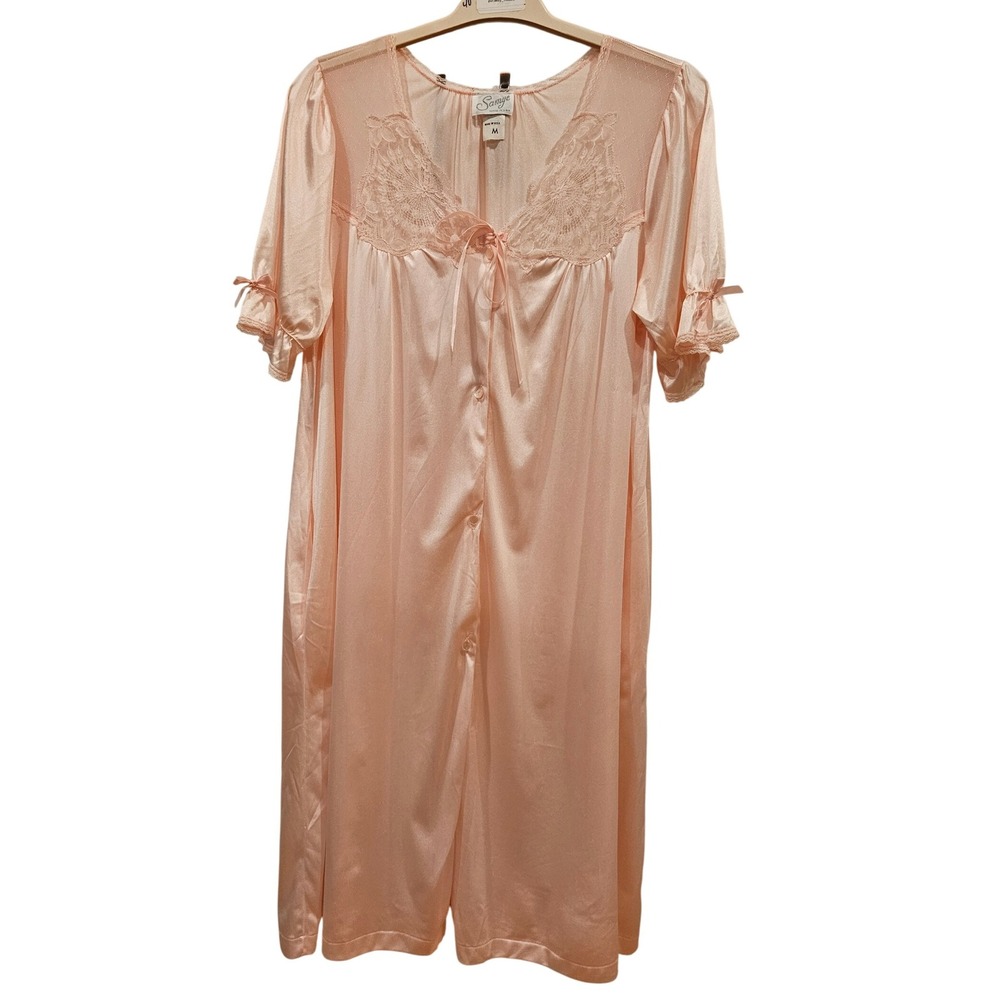 Vintage Samye Robe Lingerie Pink Lace‎ Trim Bow Accent M Medium Nightgown